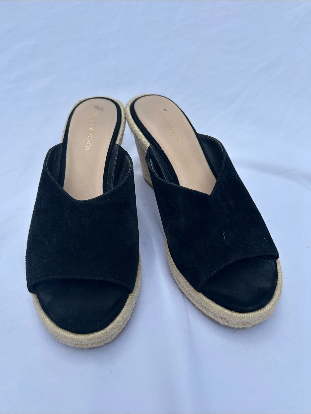Stuart Weitzman Black Suede Espadrille Wedge Slides size 9